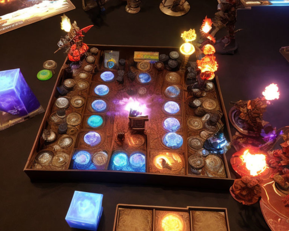 Fantasy tabletop game setup with illuminated components and colorful tiles