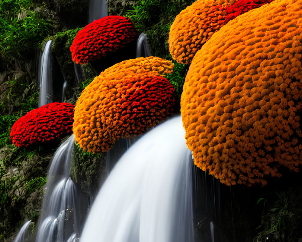 Colorful orange and red flowers on mossy rocks with cascading waterfalls in lush green setting