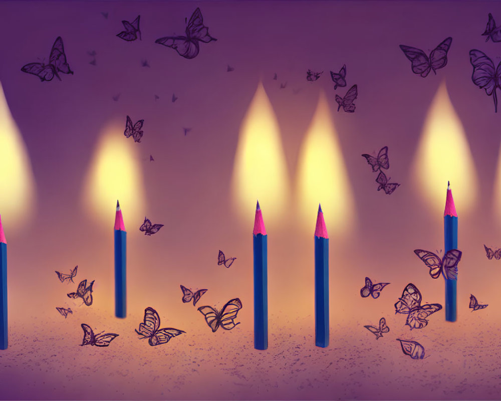 Six blue candles casting warm glow with silhouetted butterflies against purple backdrop