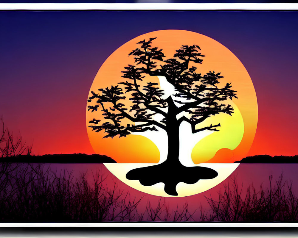 Tree silhouette against vibrant sunset with blue to orange gradient sky and dark grass foreground.