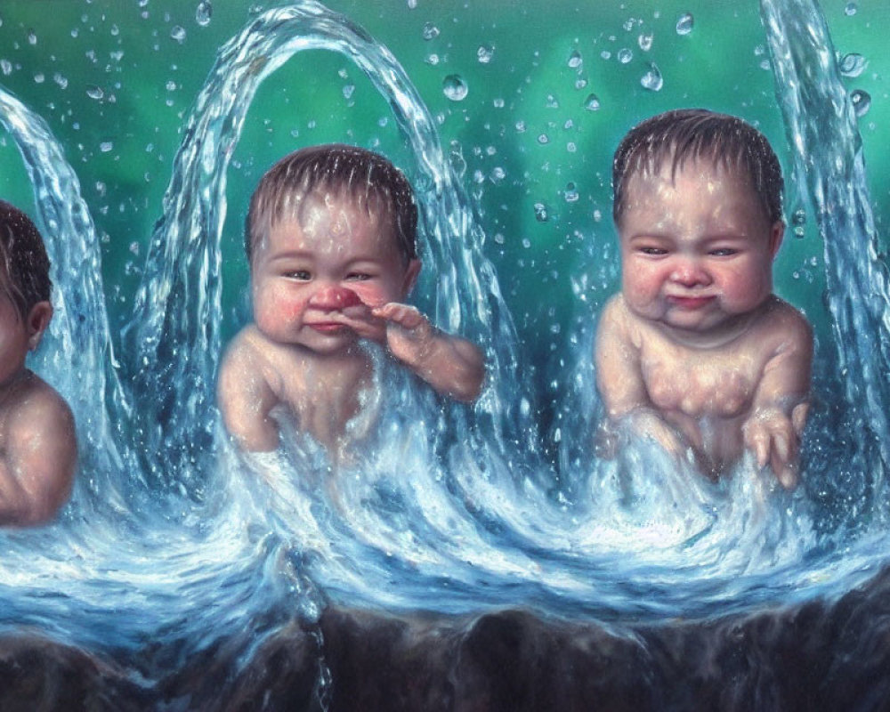 Three Babies React to Water Splashes with Playful Expressions