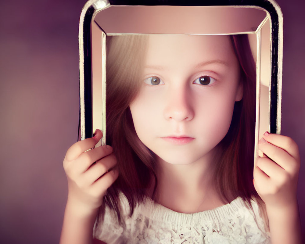 Young girl holding reflective mirror frame against purple background