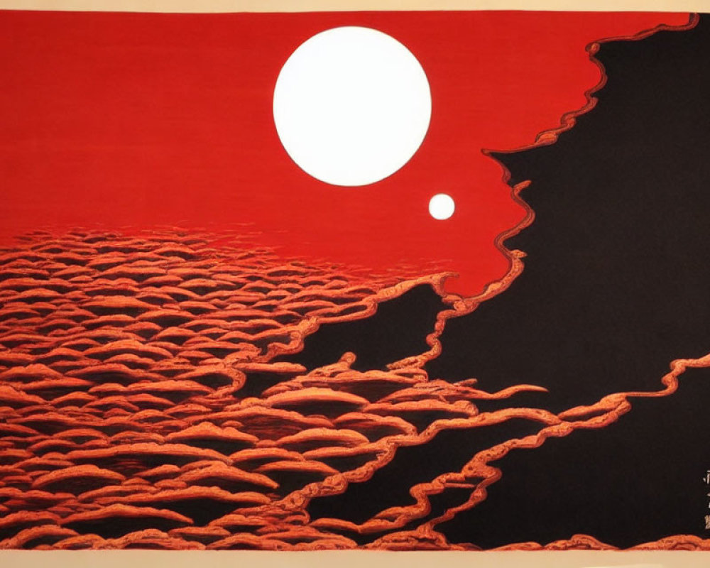 Red and Black Stylized Artwork of Sea with Sun and Asian Characters