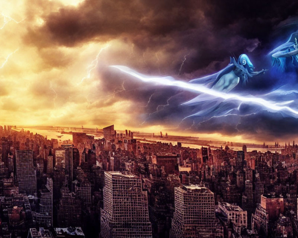 Dramatic cityscape with lightning and ethereal figure above skyscrapers