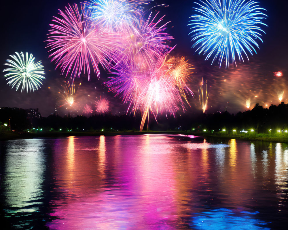 Colorful fireworks reflecting on water at night