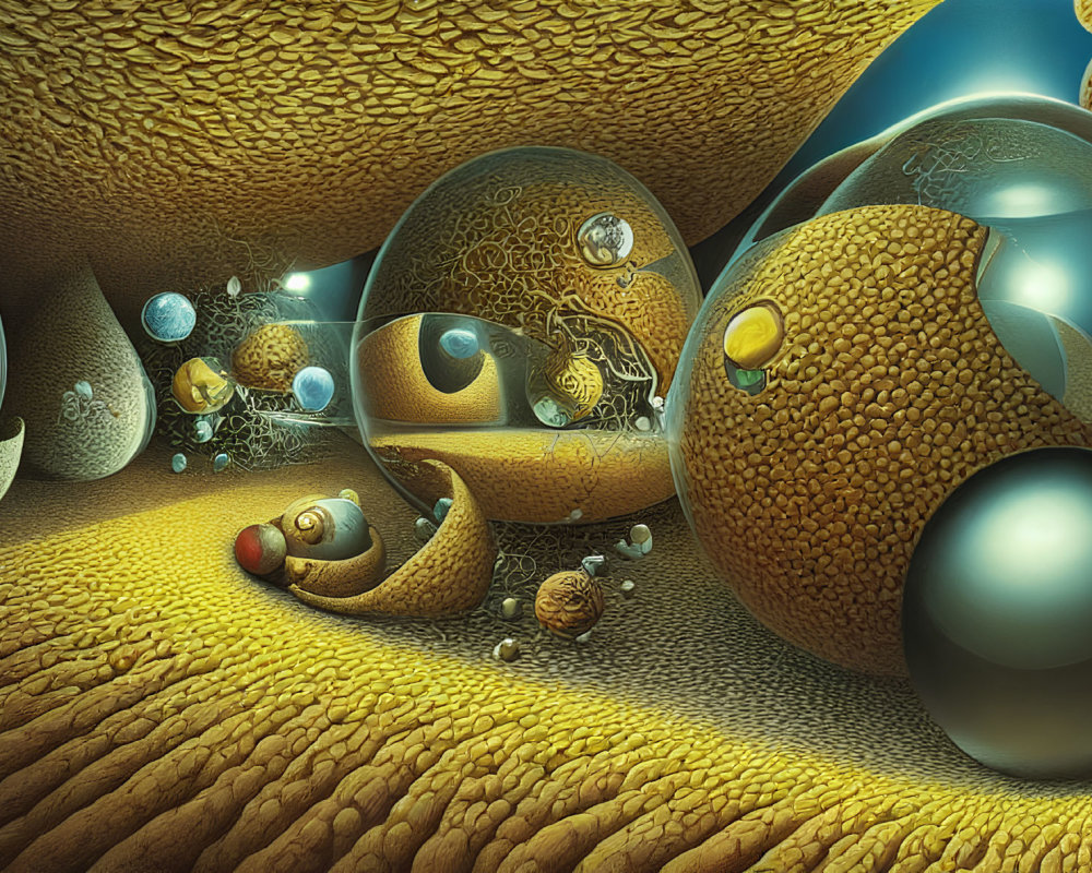 Surreal Landscape with Textured Gold and Brown Surfaces and Shiny Spheres