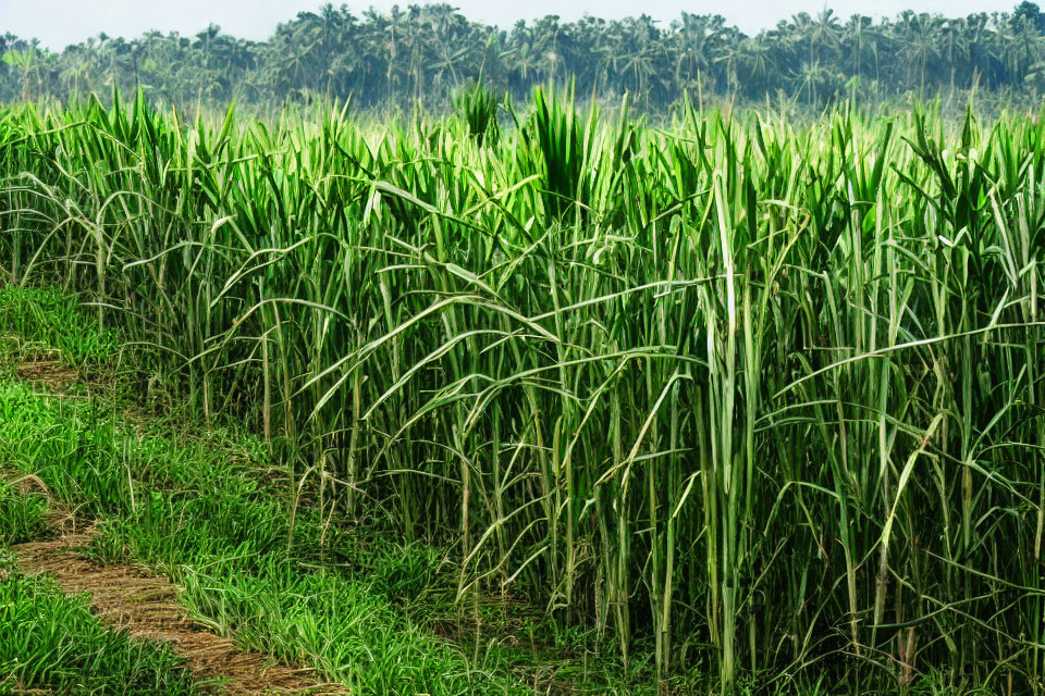 Vibrant sugarcane field with dense foliage under bright sky