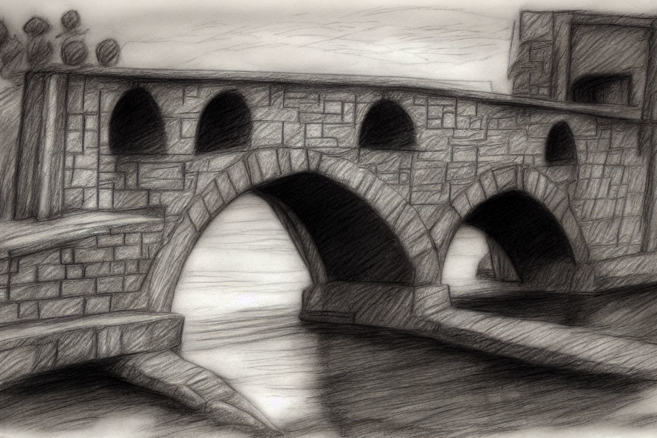 Detailed pencil sketch of an old stone bridge over water