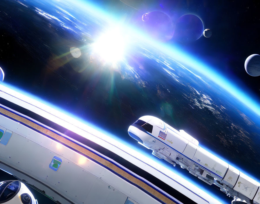 Futuristic space train leaving Earth orbit with sun, moons, and planet curvature