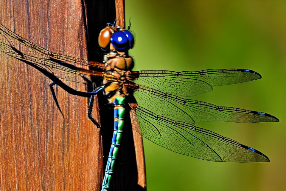 Detailed dragonfly perched on wooden surface with vibrant blue and green body