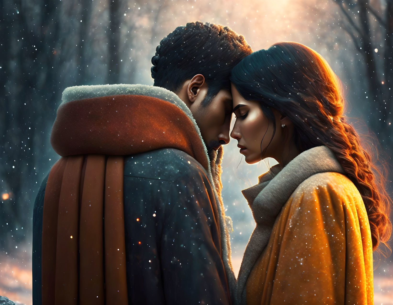 Man and woman in warm jackets touching foreheads in snowy setting