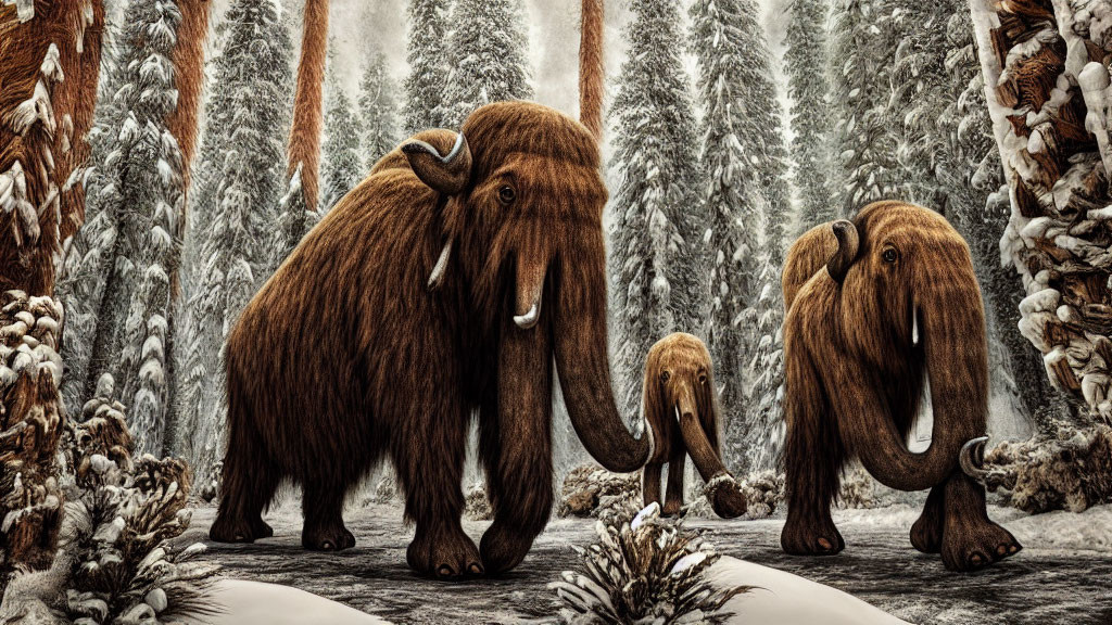 Family of Woolly Mammoths Roaming Snowy Forest