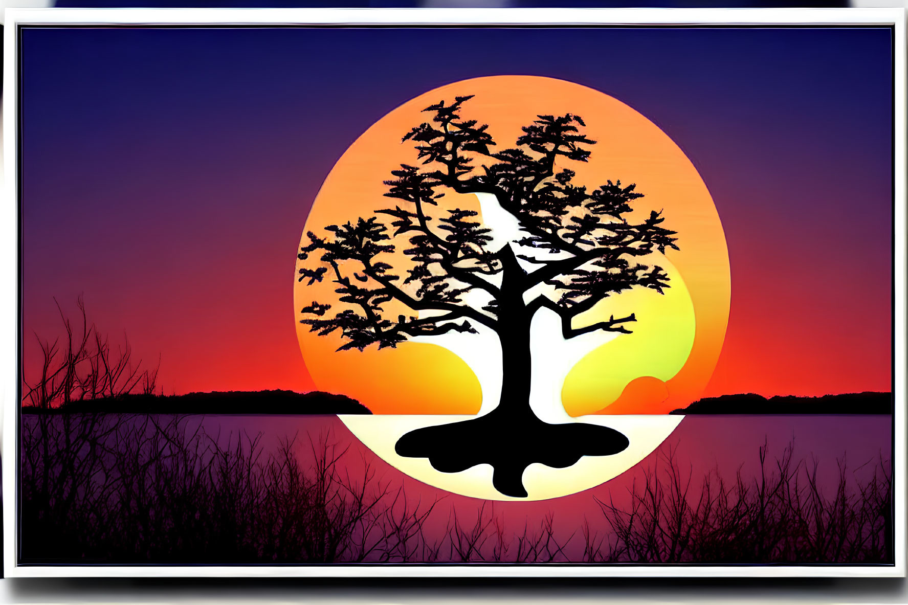 Tree silhouette against vibrant sunset with blue to orange gradient sky and dark grass foreground.