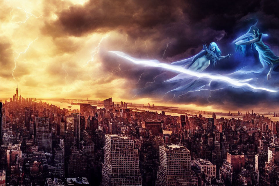 Dramatic cityscape with lightning and ethereal figure above skyscrapers