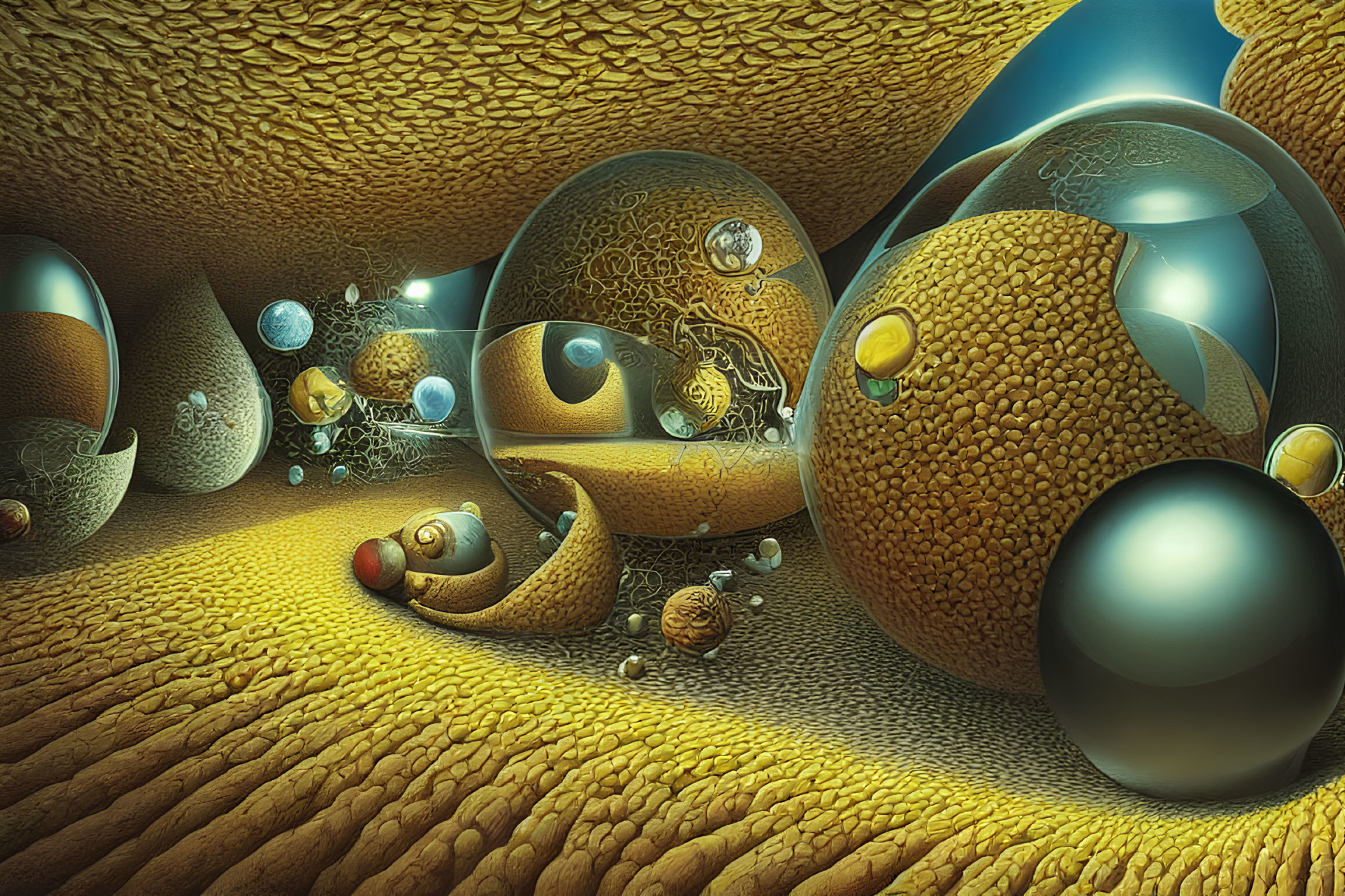 Surreal Landscape with Textured Gold and Brown Surfaces and Shiny Spheres