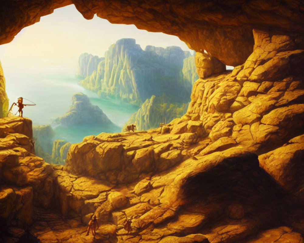 Person at cave entrance overlooking dramatic landscape with cliffs and valleys in golden sunlight