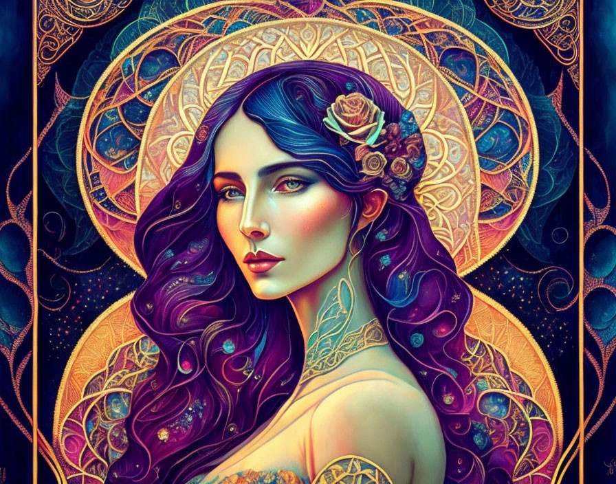 Illustrated woman with purple hair and blue eyes adorned with roses and golden patterns