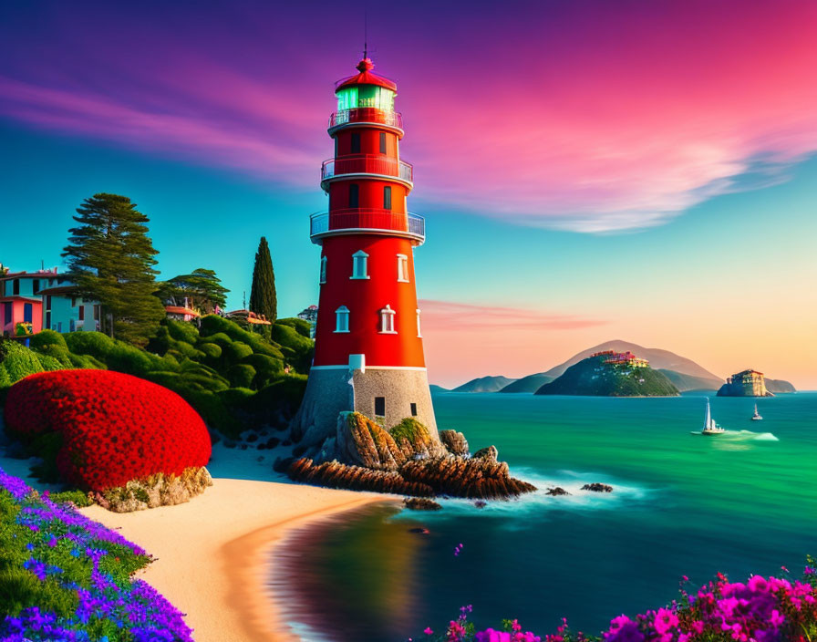 Scenic red lighthouse at sunset by the sea