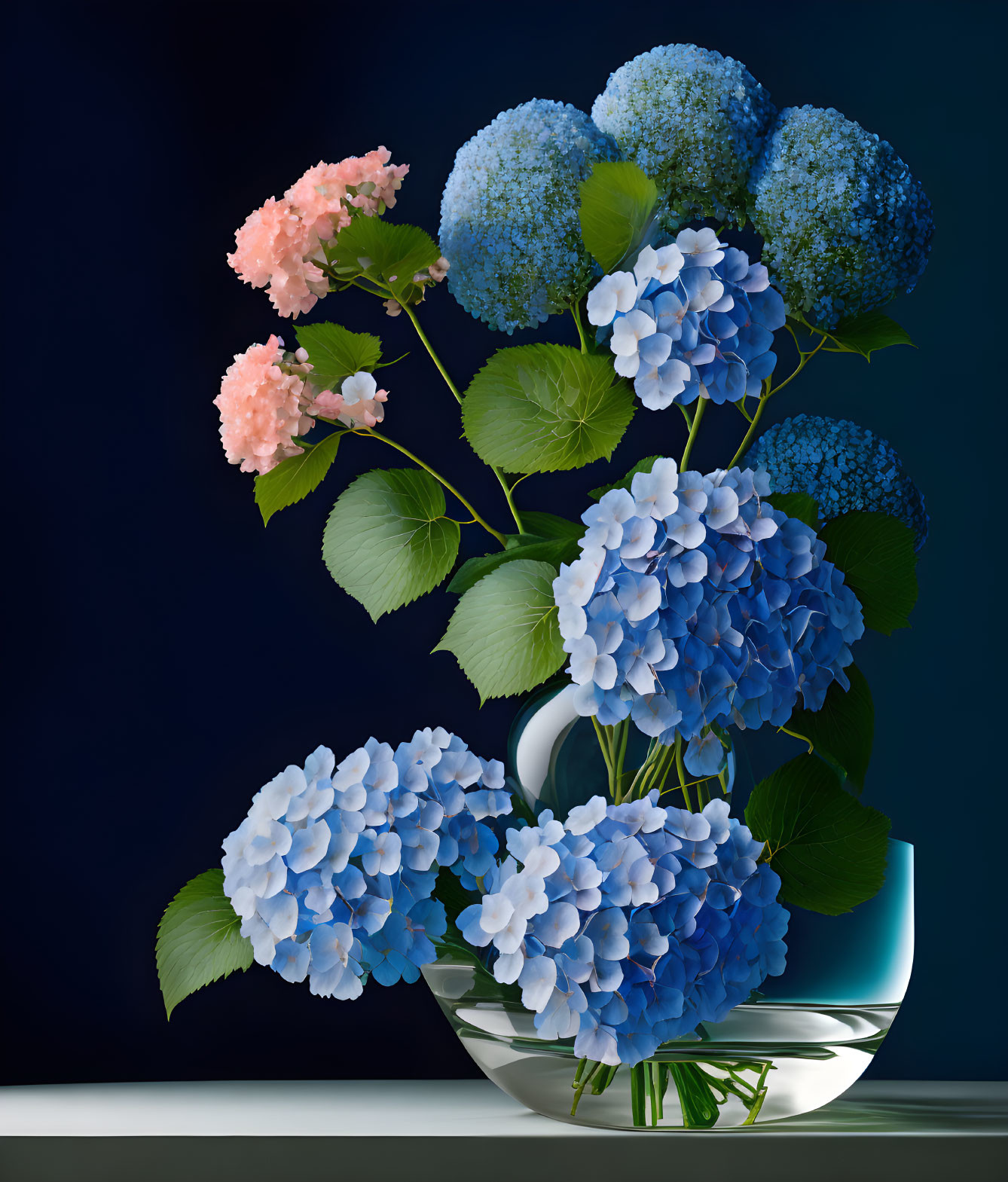 Pink and Blue Hydrangea Blooms in Clear Glass Vase on Dark Blue Background