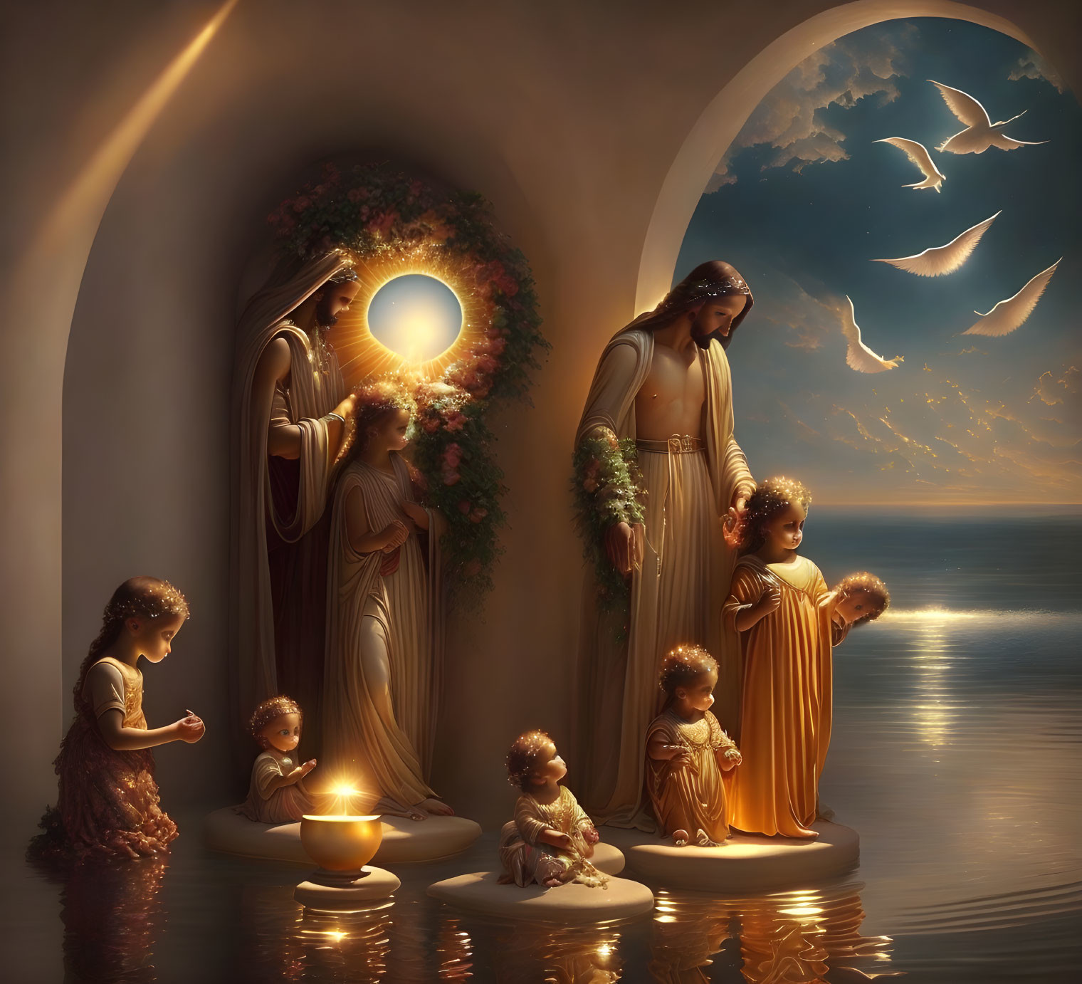 Tranquil sunset scene with statues, halos, children, and birds over calm waters