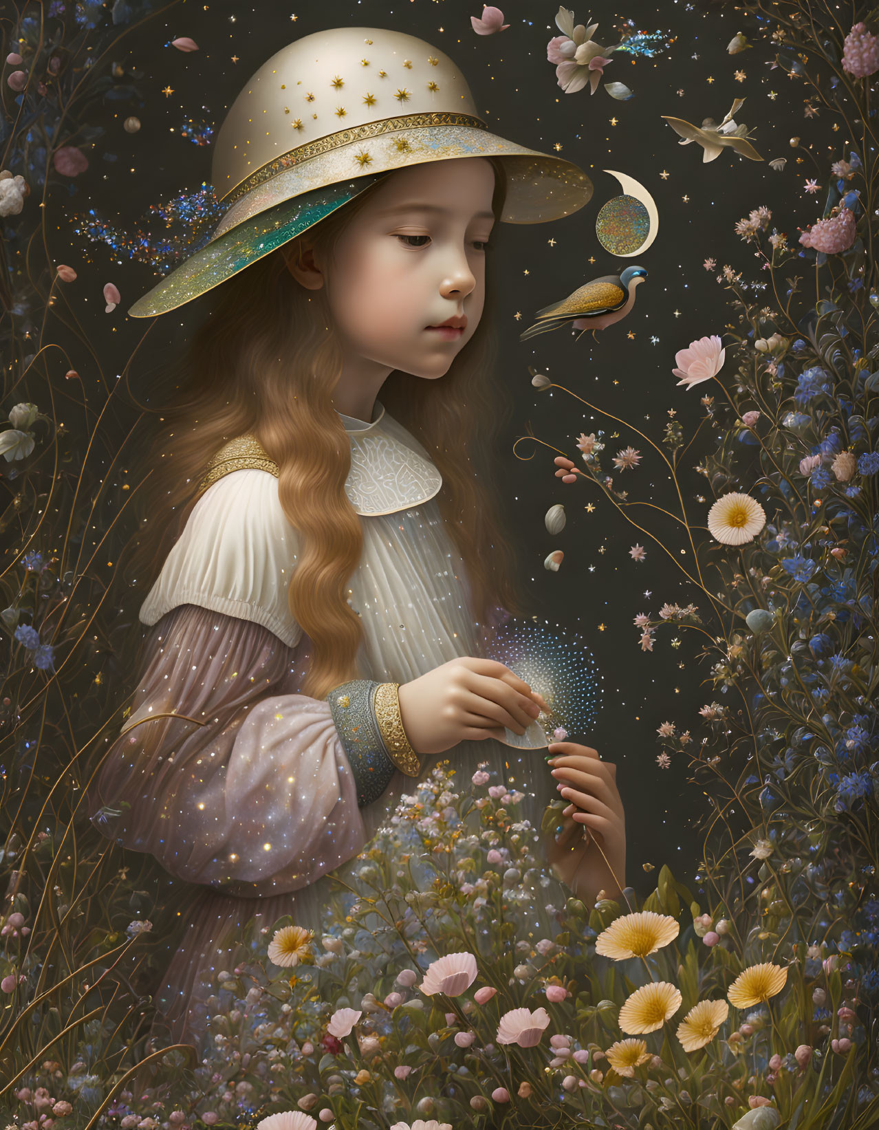 Girl in Decorated Hat Surrounded by Flowers, Celestial Objects, and Bird