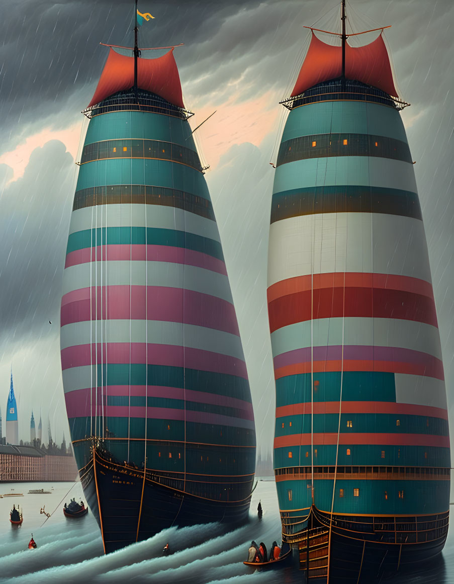 Two large striped ships with red sails on stormy sea with small boats around.