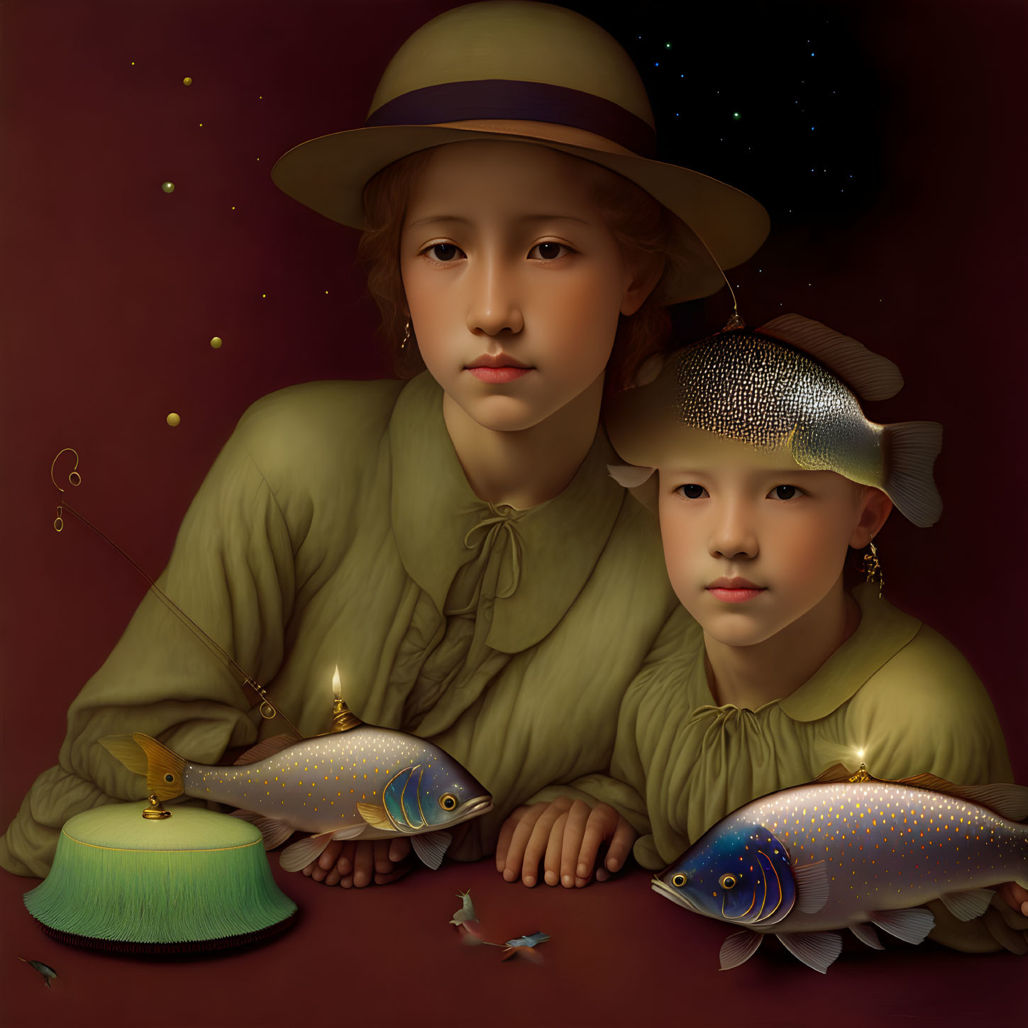 Vintage Clothing Kids Pose with Illuminated Fish on Dark Red Background