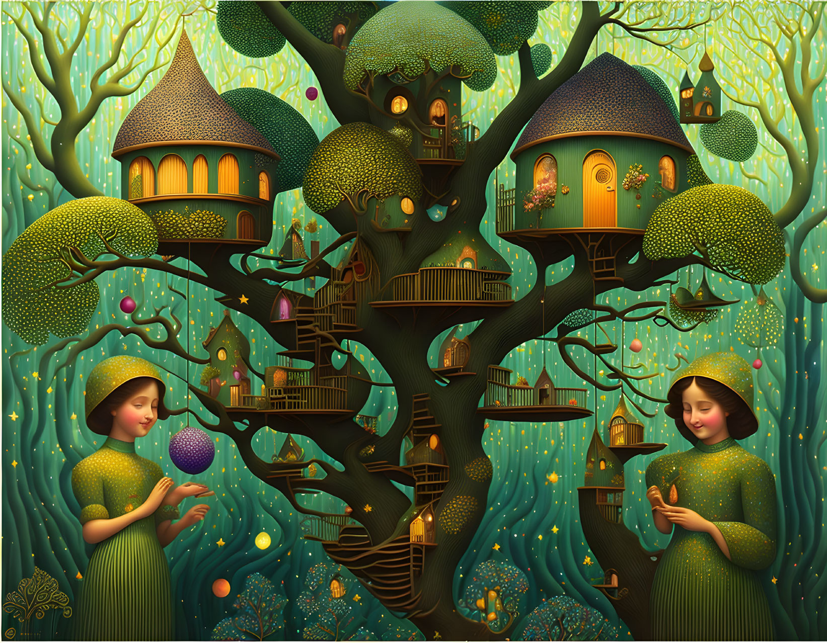 Detailed whimsical tree illustration with intricate houses, staircases, lanterns, figures in green dresses,