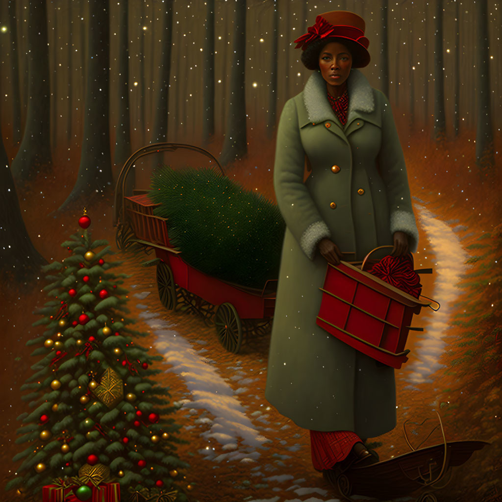 Woman in vintage green coat and red hat with festive basket by Christmas tree in snowy forest