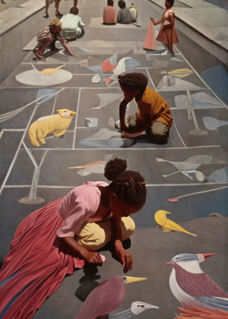 Child in pink dress drawing chalk birds on pavement among others.