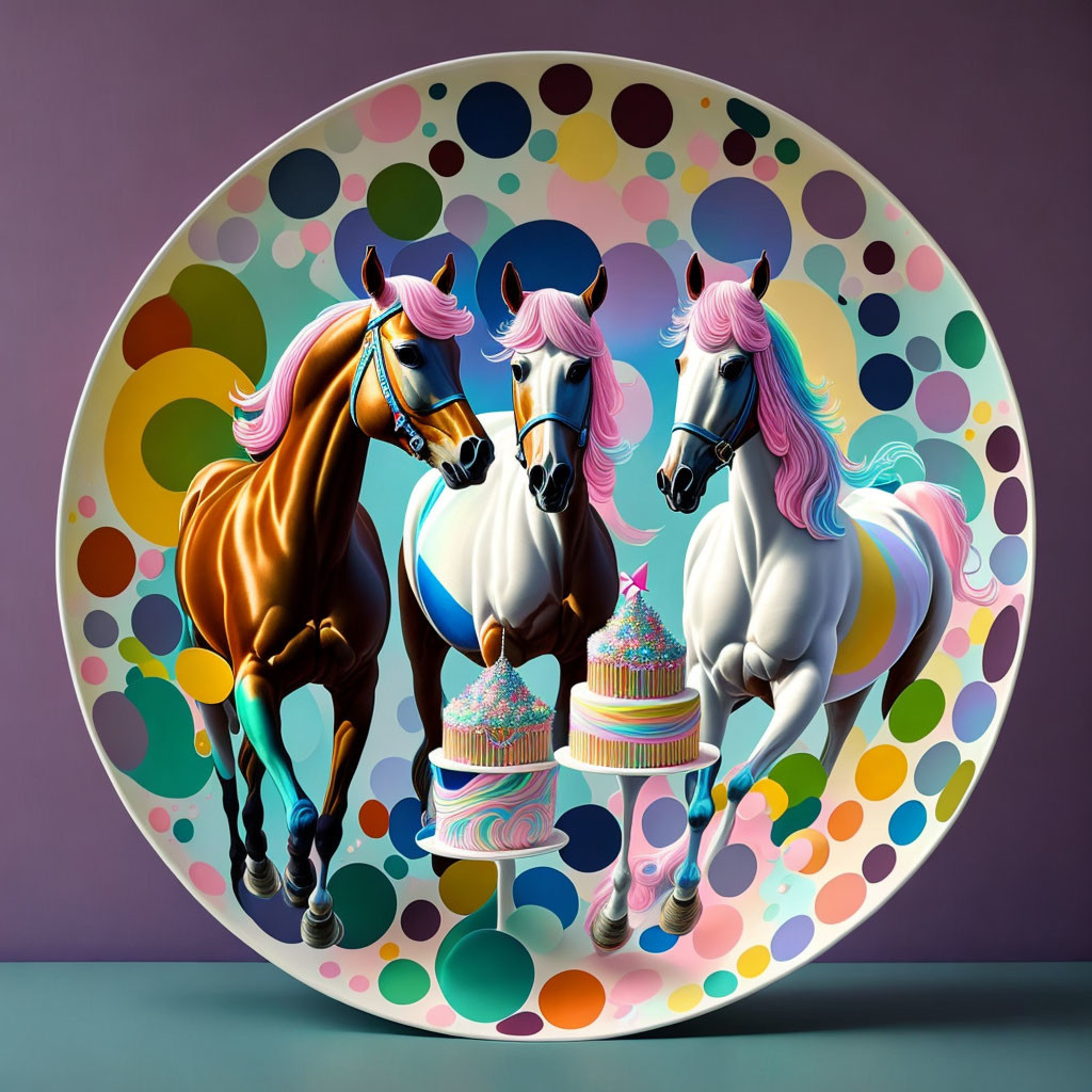 Colorful Horse Trio Holding Cupcakes Against Polka-Dotted Background