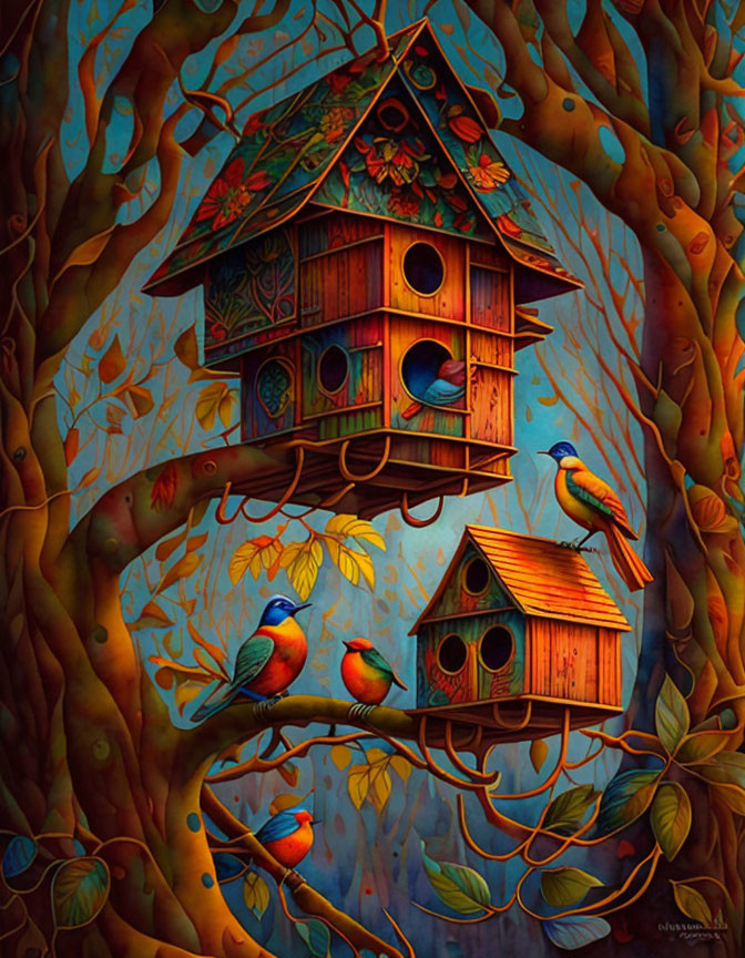 Colorful Birdhouses and Trees with Birds in Vibrant Illustrative Art