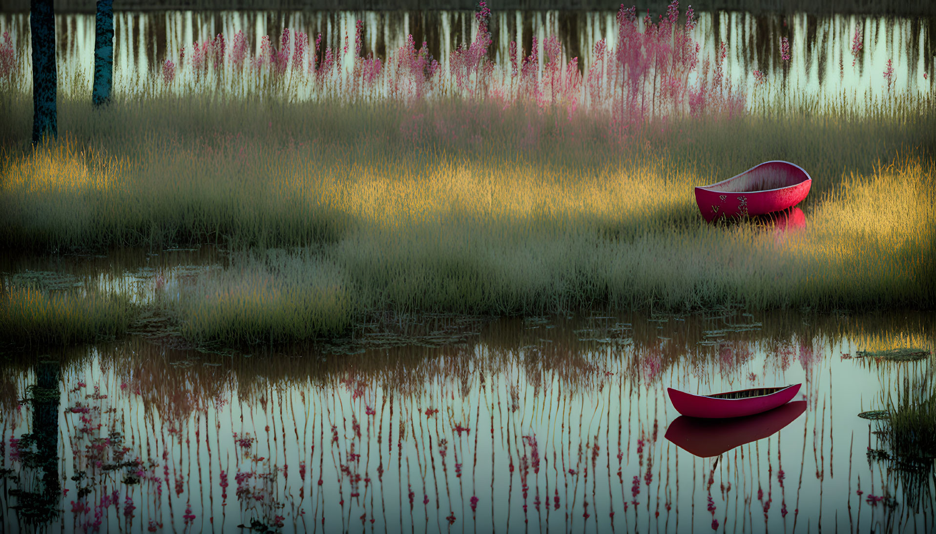 Tranquil pond with two red boats, tall grasses, and pink flowers