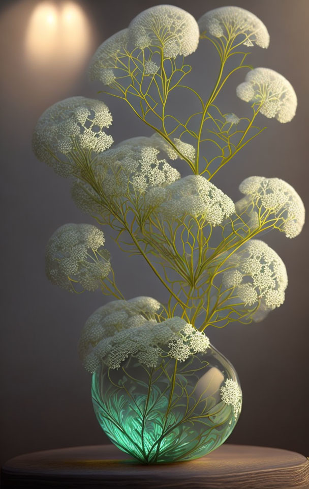 Green plant with white blooms in transparent vase on wooden surface