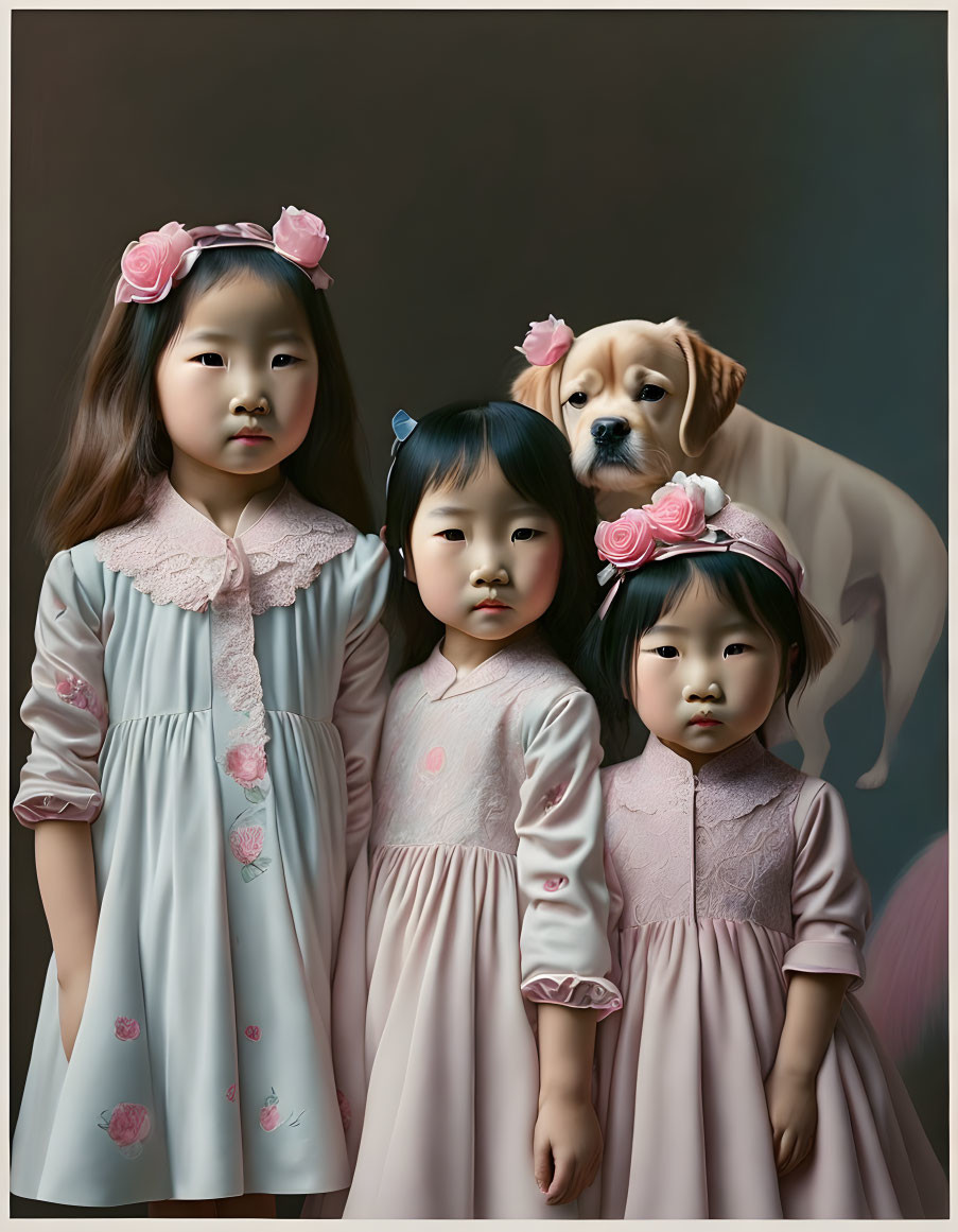 Three young girls in pastel dresses with rose accents and matching floral headbands, standing alongside a tan