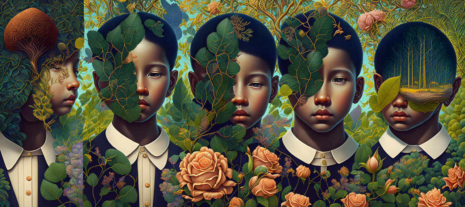 Stylized faces with botanical elements and roses in digital art