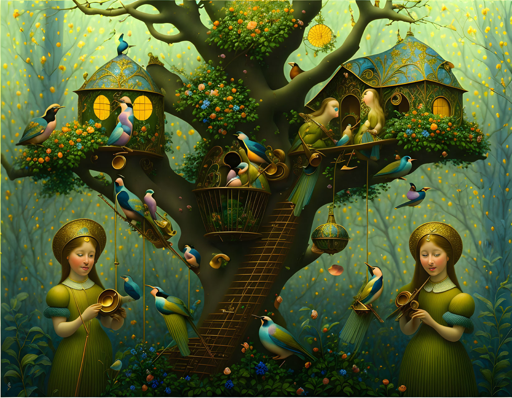 Colorful birdhouse lanterns and twin girls playing horns in whimsical tree illustration