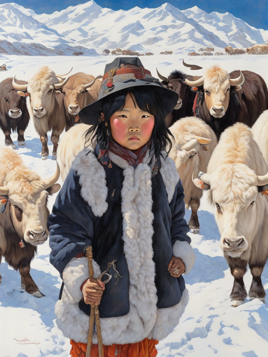 Young Herder in Traditional Attire with Yaks in Snowscape