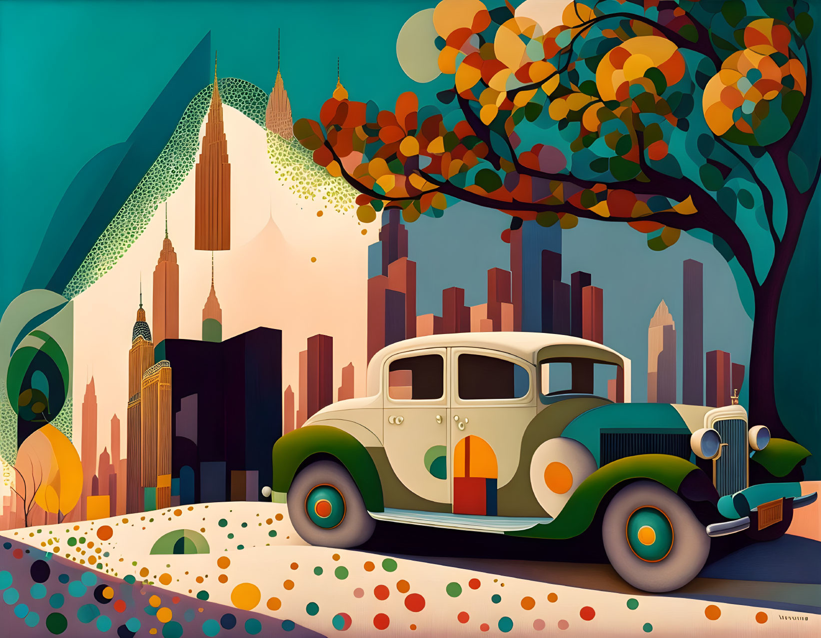 Vintage Car in Colorful Cityscape with Skyscrapers and Autumn Trees