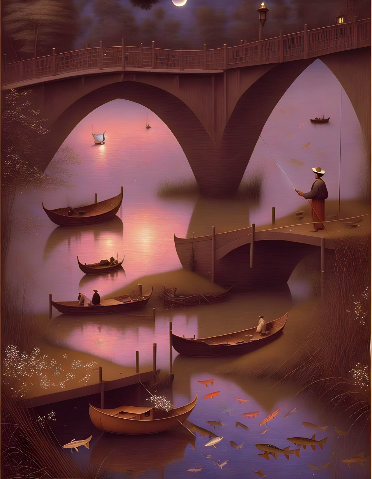 Tranquil evening river scene with boats, arched bridge, fish, lanterns, and person