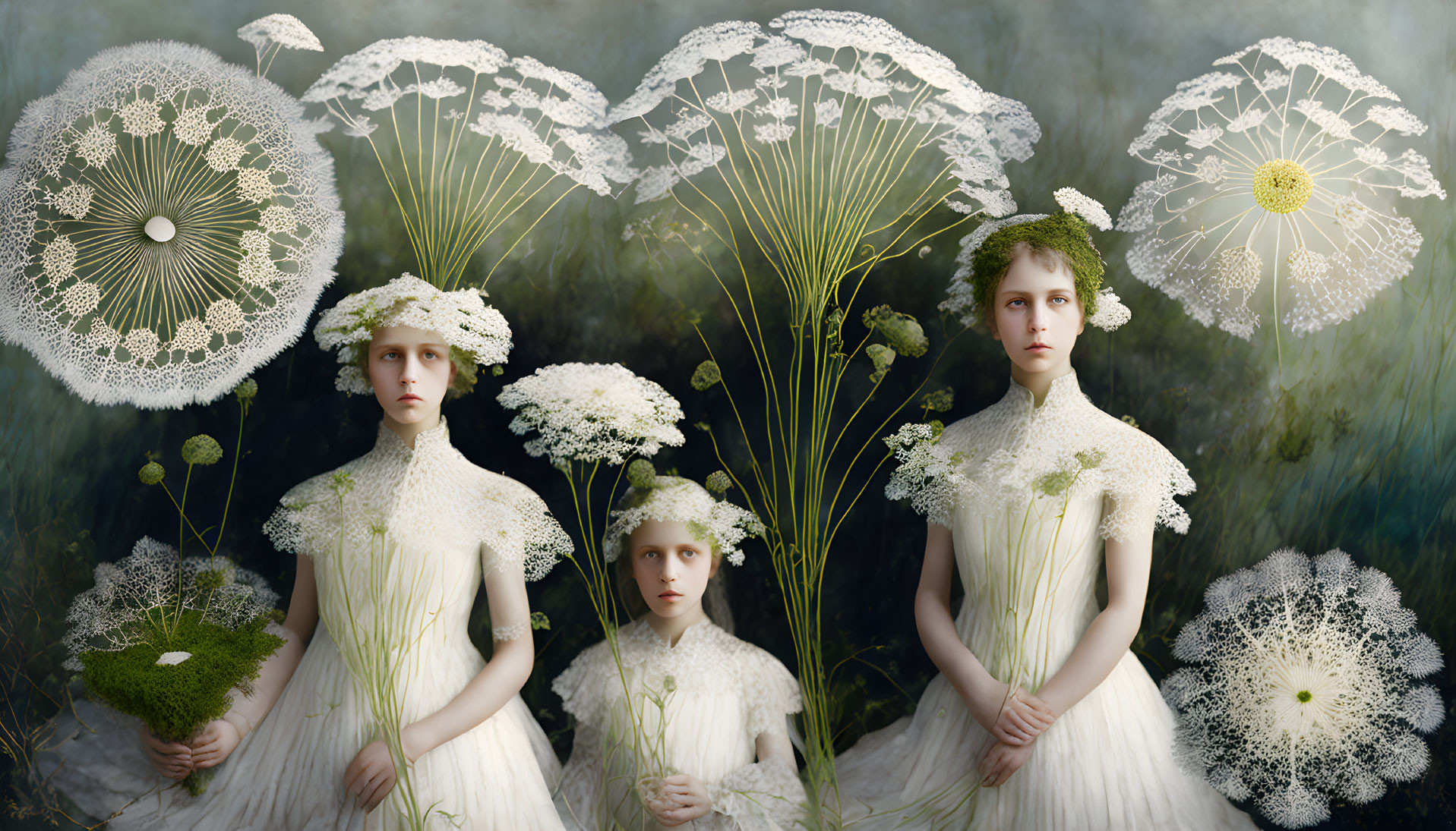 Three women in white gowns with lace umbrella tops in surreal artwork