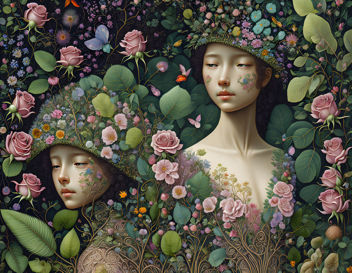 Detailed Artwork of Serene Faces Amid Flowers, Leaves, and Butterflies