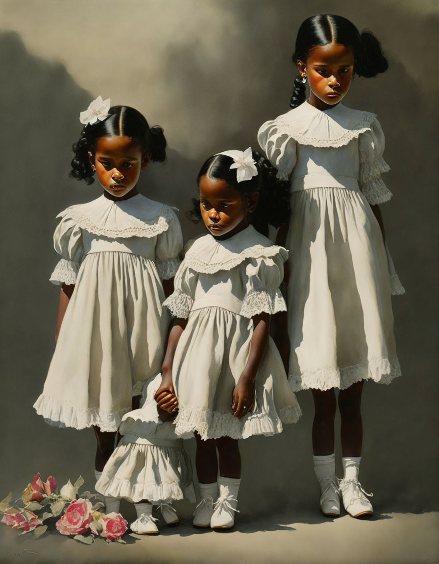 Vintage dresses: Three girls with white collars and floral hair accessories among scattered roses