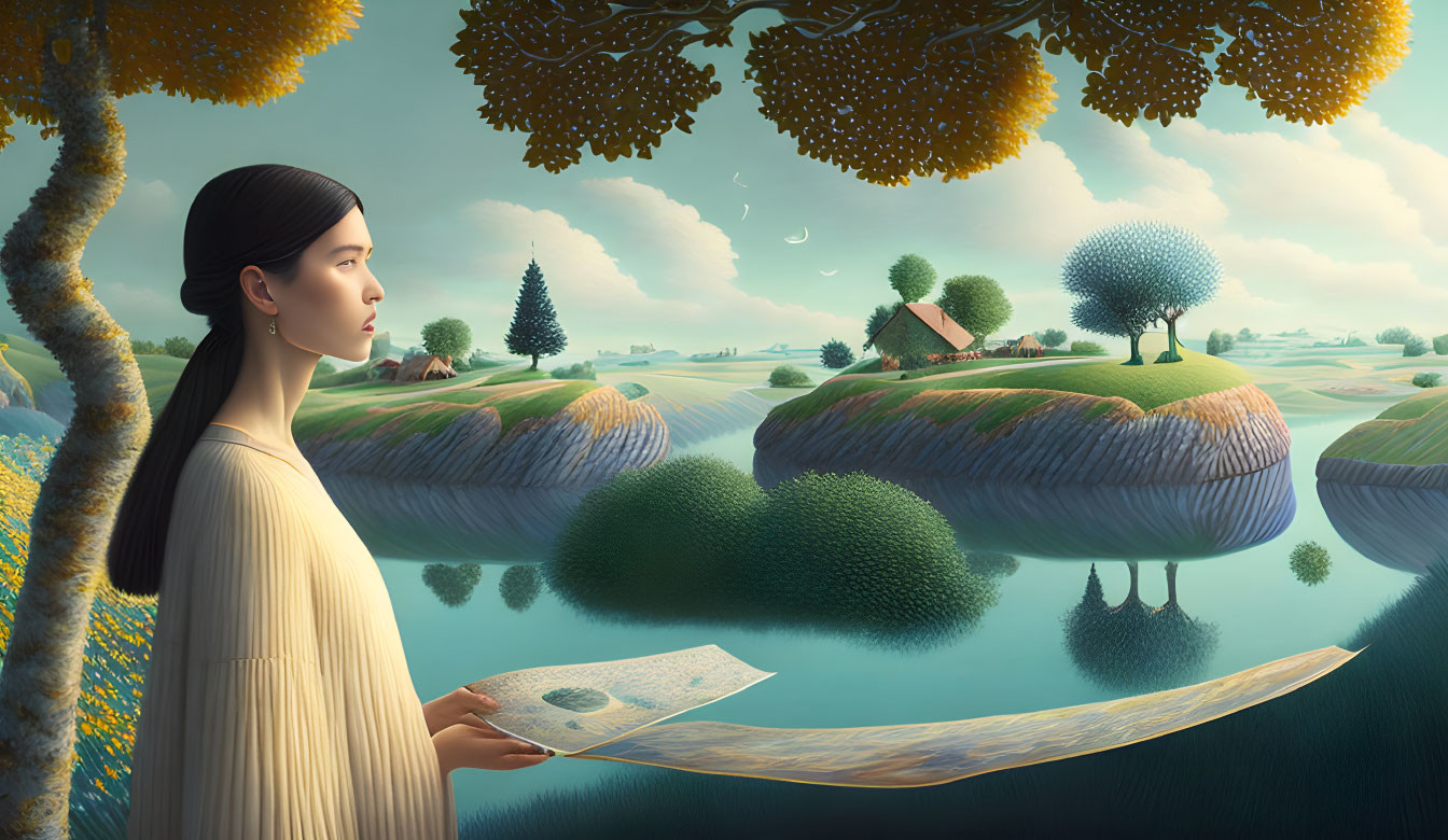 Woman in white dress with map in surreal landscape.