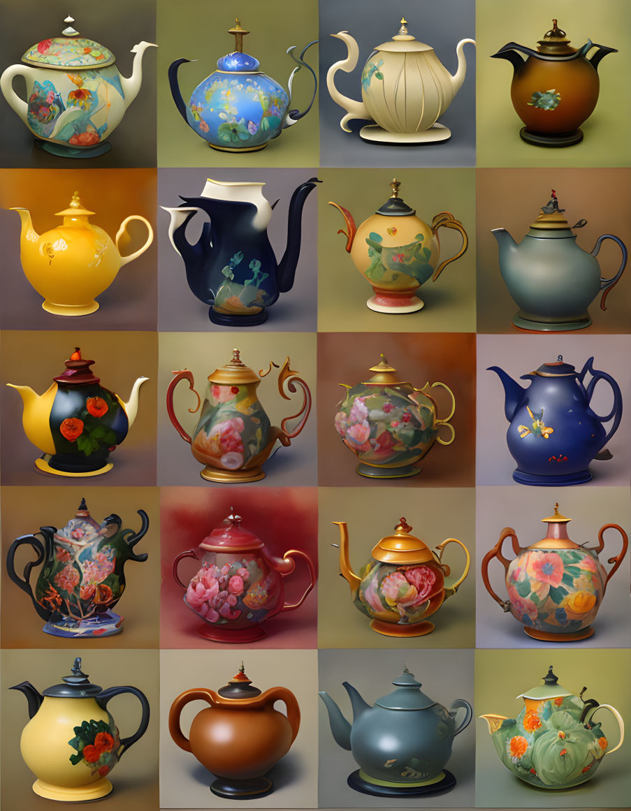 Colorful Teapots Collage on Neutral Background