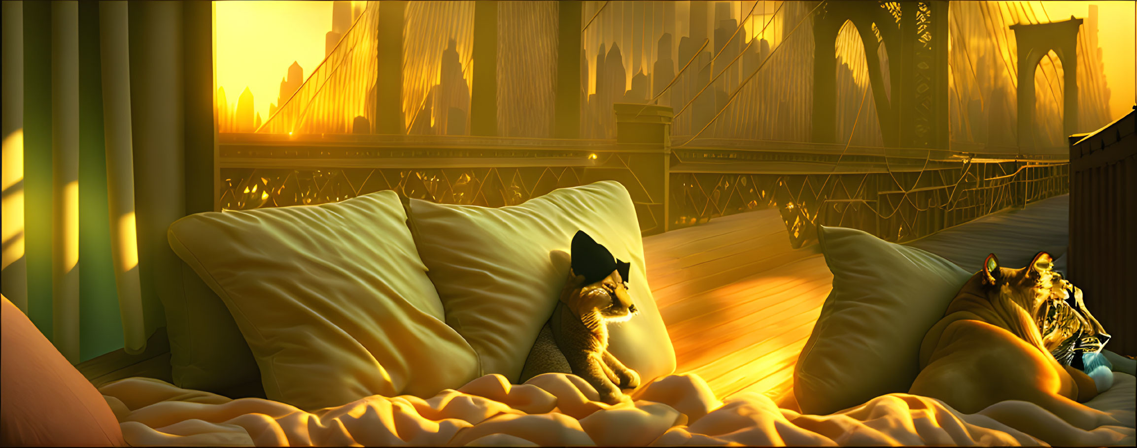 Warm Sunrise Illuminates Indoor Scene with Cat and City Bridge View