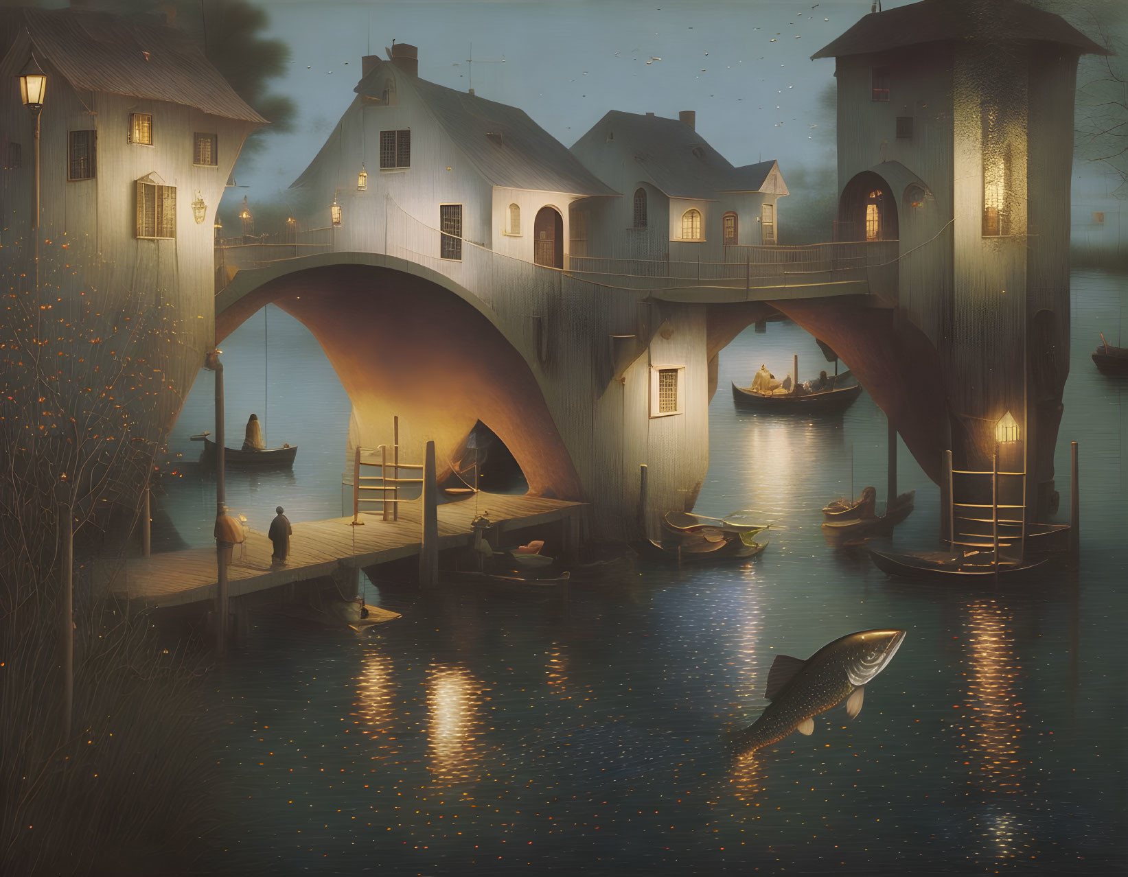 Fantastical dusk scene: houses on arched bridges over water with boats and large fish.