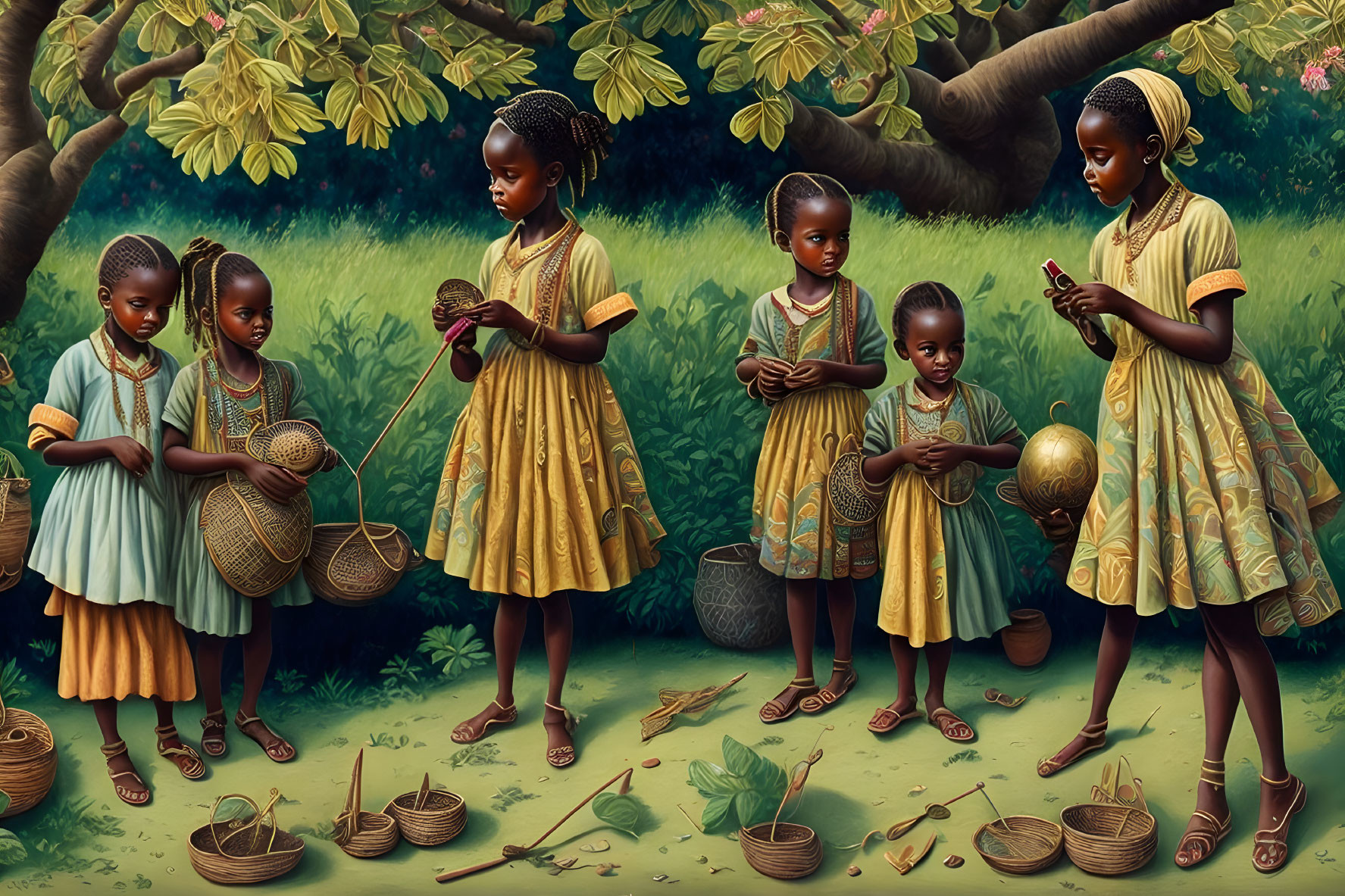 Six girls in matching dresses with baskets in lush greenery and trees