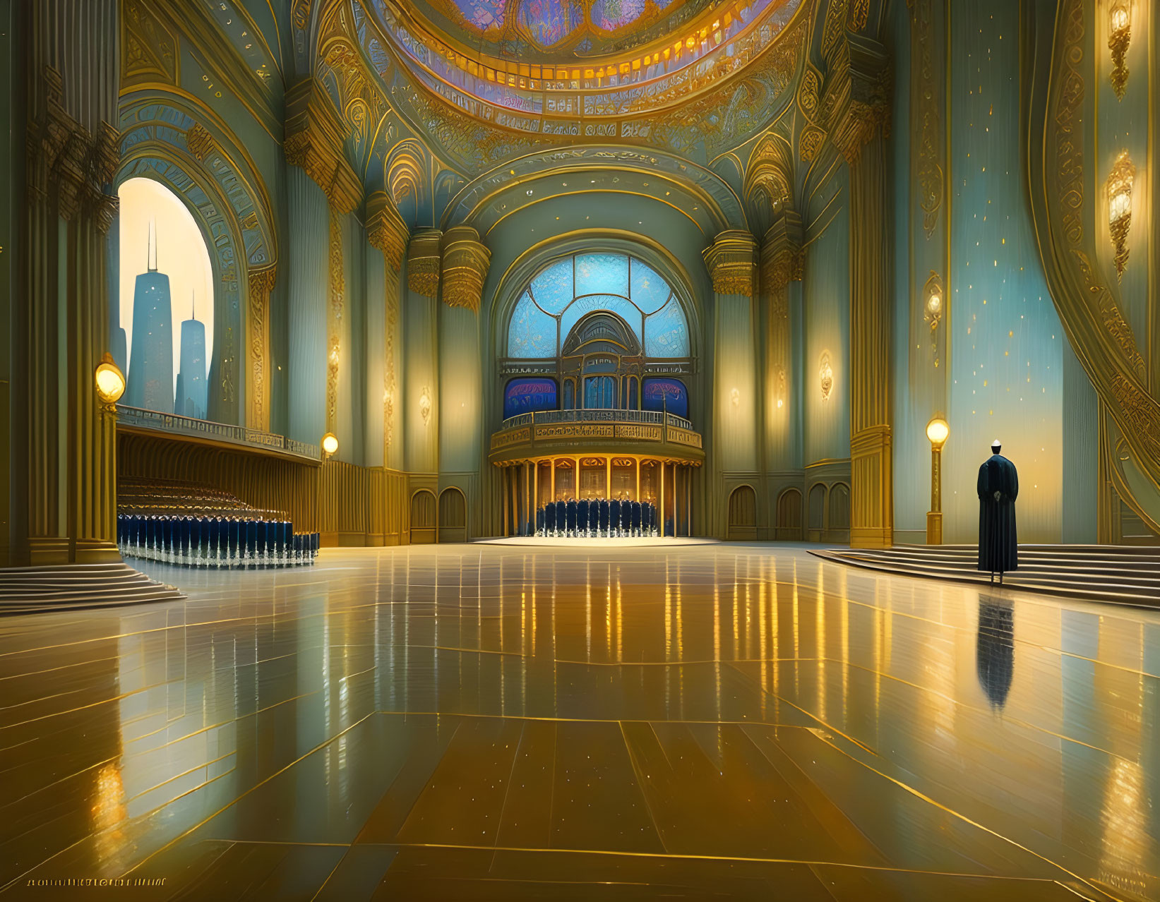 Luxurious Hall with High Ceilings, Gold & Blue Decor, Arched Windows, and City