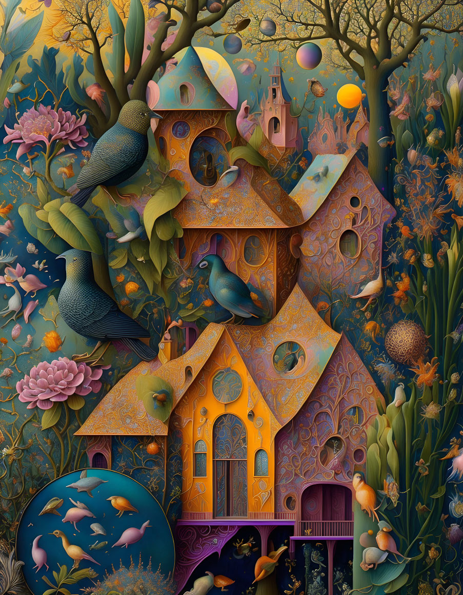 Detailed whimsical birdhouse tree illustration with birds, flowers, and underwater elements